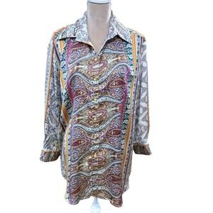 Vipavadee Satin Multi Color Paisley Mixed Print Button Down Tunic Top